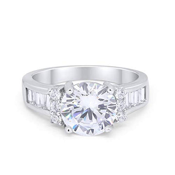 Engagement Round Baguette Stone Ring Simulated CZ 925 Sterling Silver